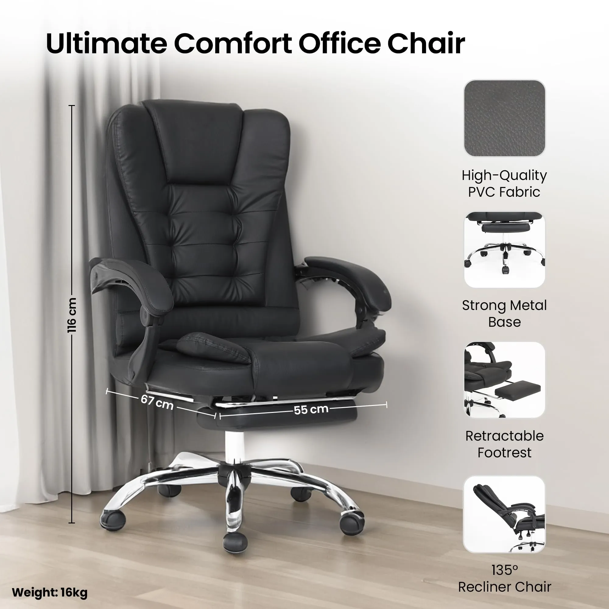 SAVYA HOME Virtue Plus Ergonomic High Back Leatherette Office Chair | Work from Home Desk Chair | Lumbar Support | Cushioned Armrest & Footrest | 135 Degree Tilt and Lock Mechanism- Black