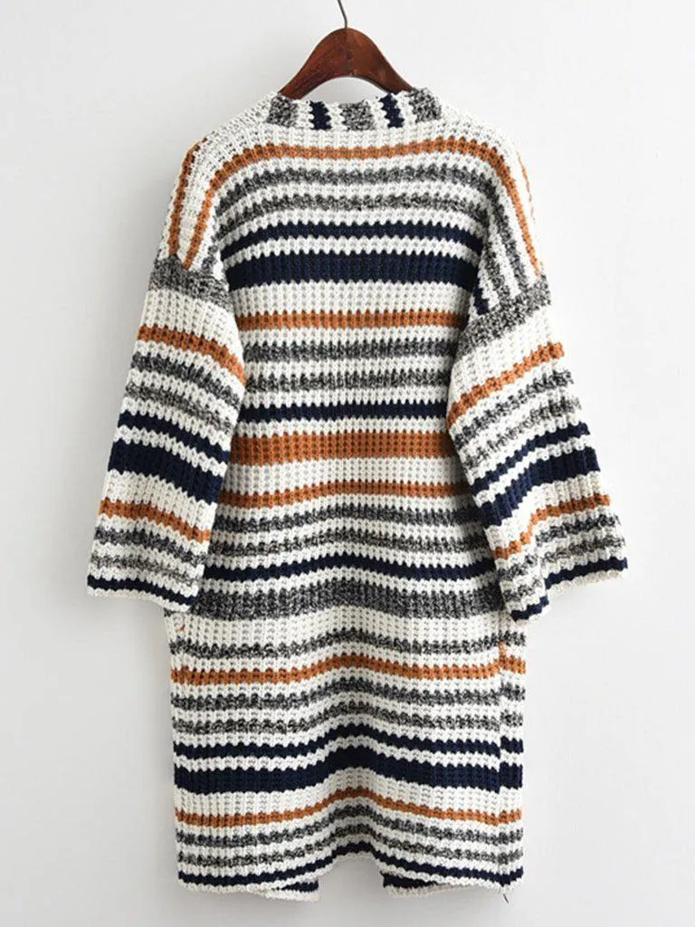 Striped Textured Knit Longline Cardigan Sweater