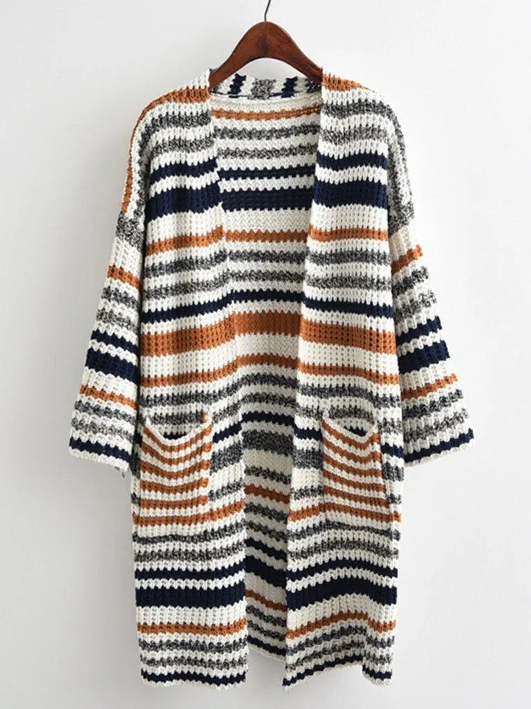 Striped Textured Knit Longline Cardigan Sweater