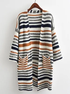 Striped Textured Knit Longline Cardigan Sweater