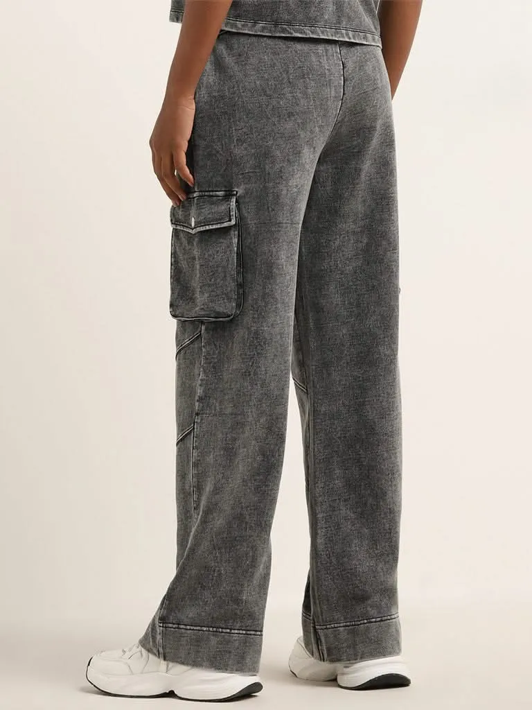 Studiofit Black Faded Mid-Rise Cotton Track Pants