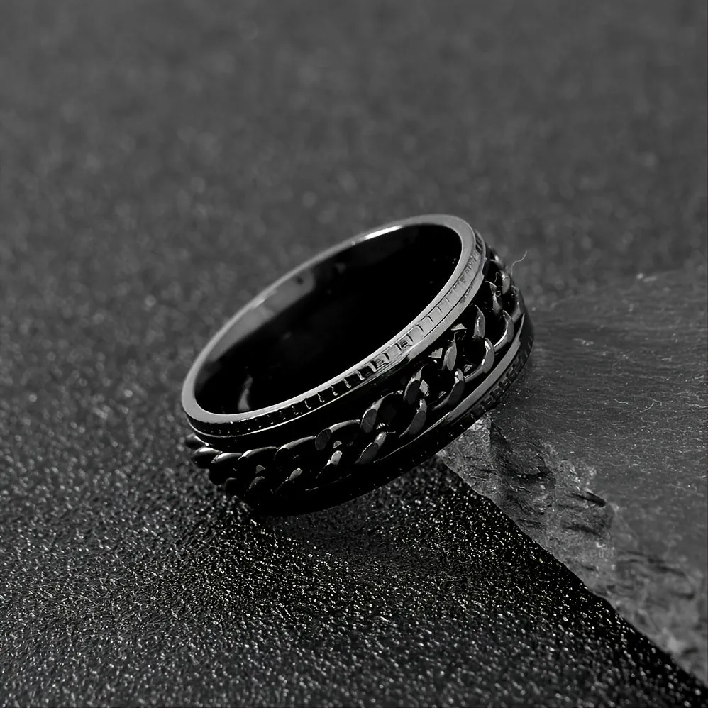 Stylish Hip Hop Ring Mens Black Stainless Steel with Chain Design