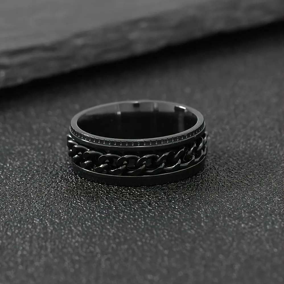 Stylish Hip Hop Ring Mens Black Stainless Steel with Chain Design