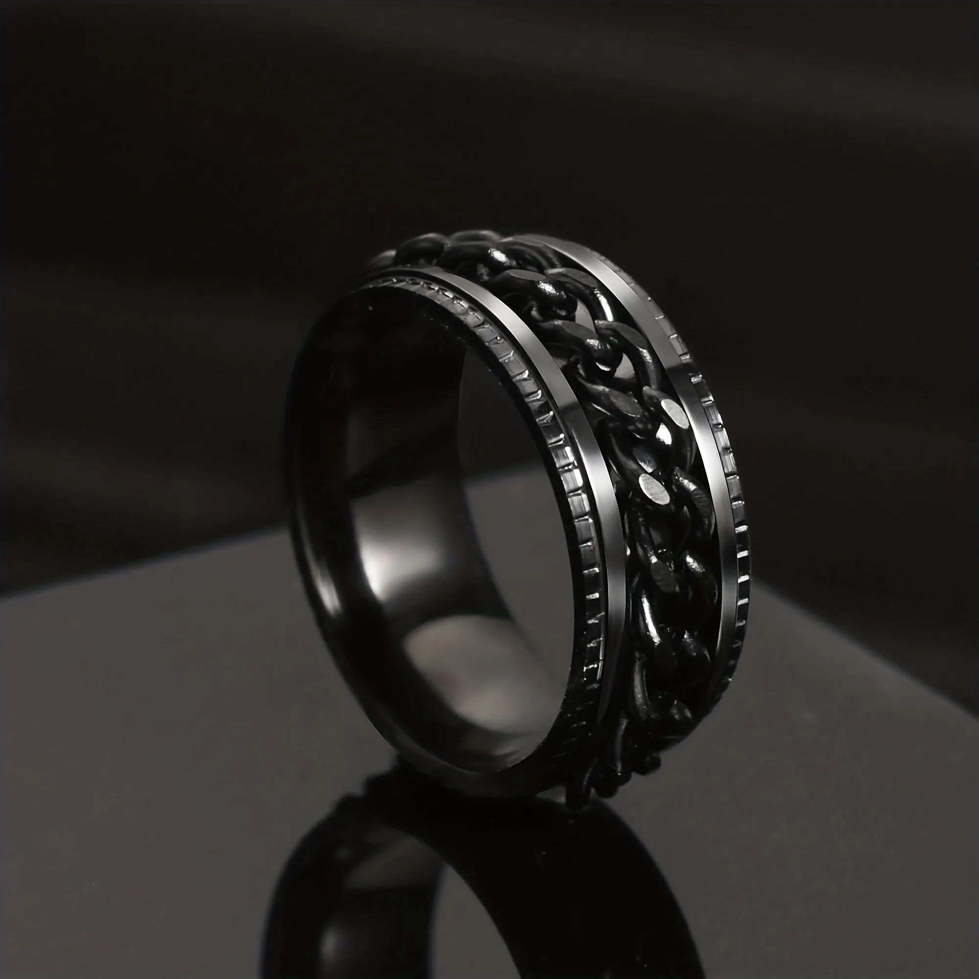 Stylish Hip Hop Ring Mens Black Stainless Steel with Chain Design