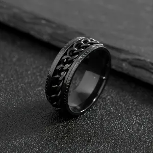 Stylish Hip Hop Ring Mens Black Stainless Steel with Chain Design