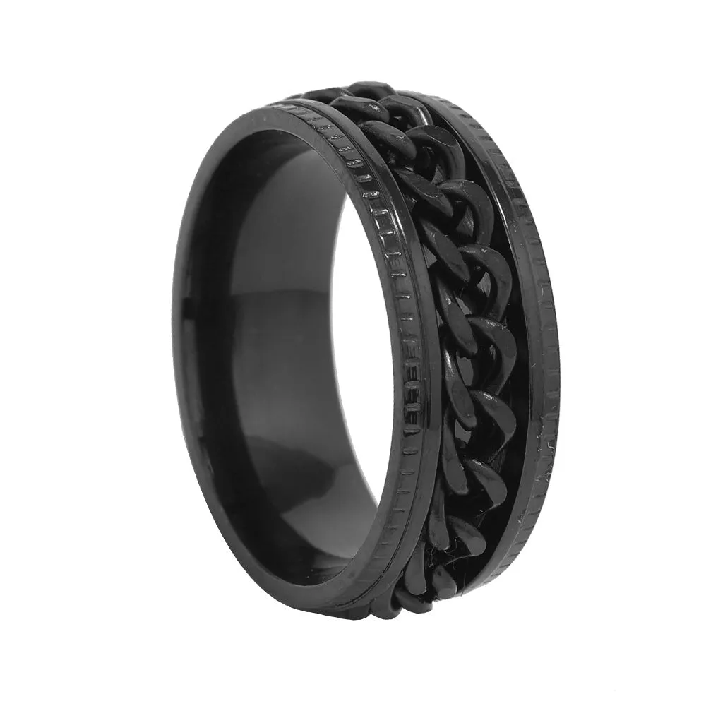 Stylish Hip Hop Ring Mens Black Stainless Steel with Chain Design