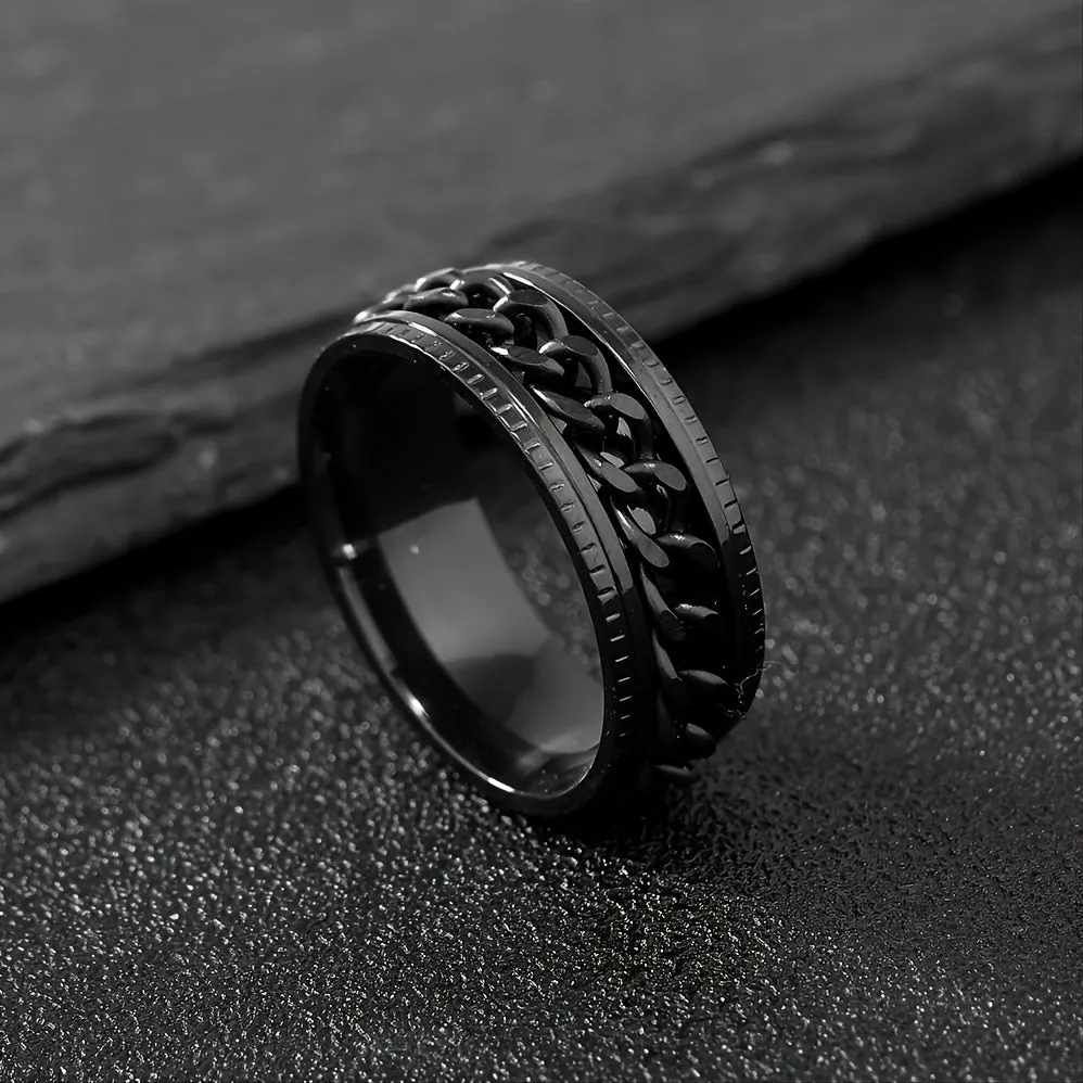 Stylish Hip Hop Ring Mens Black Stainless Steel with Chain Design