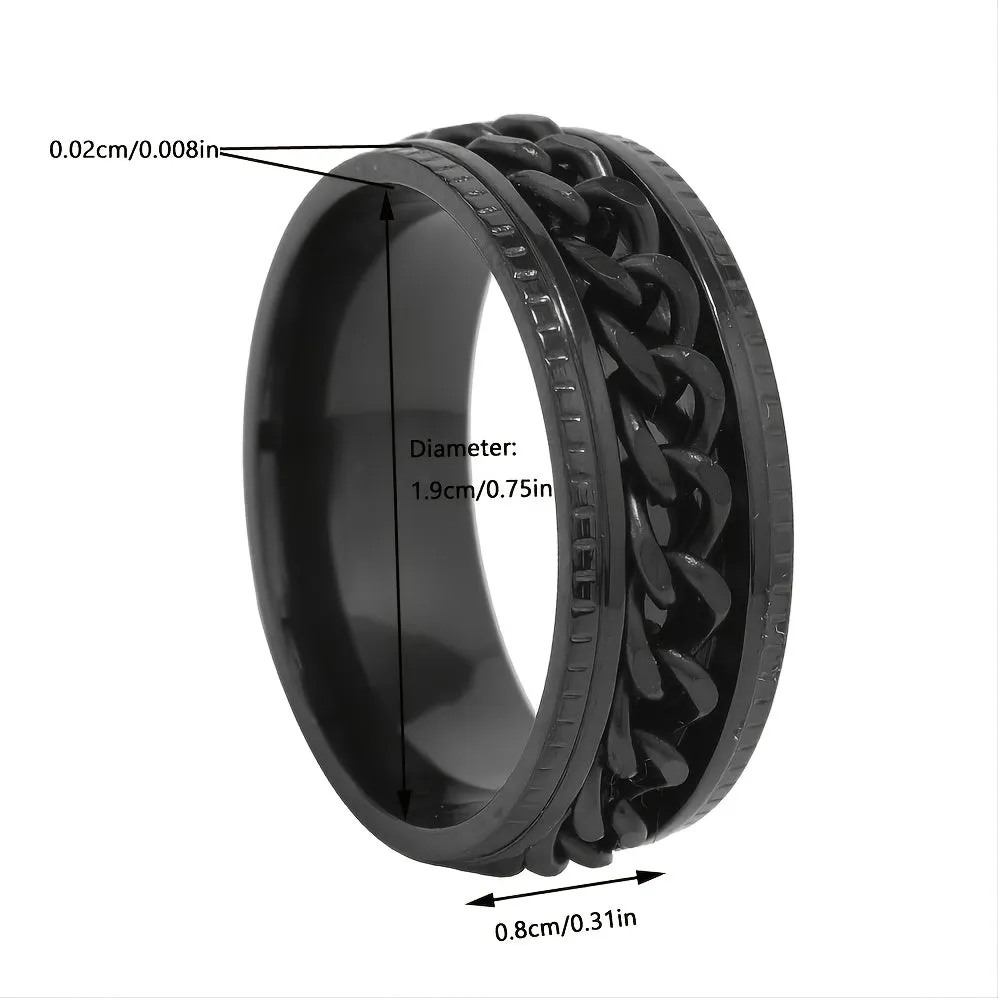 Stylish Hip Hop Ring Mens Black Stainless Steel with Chain Design