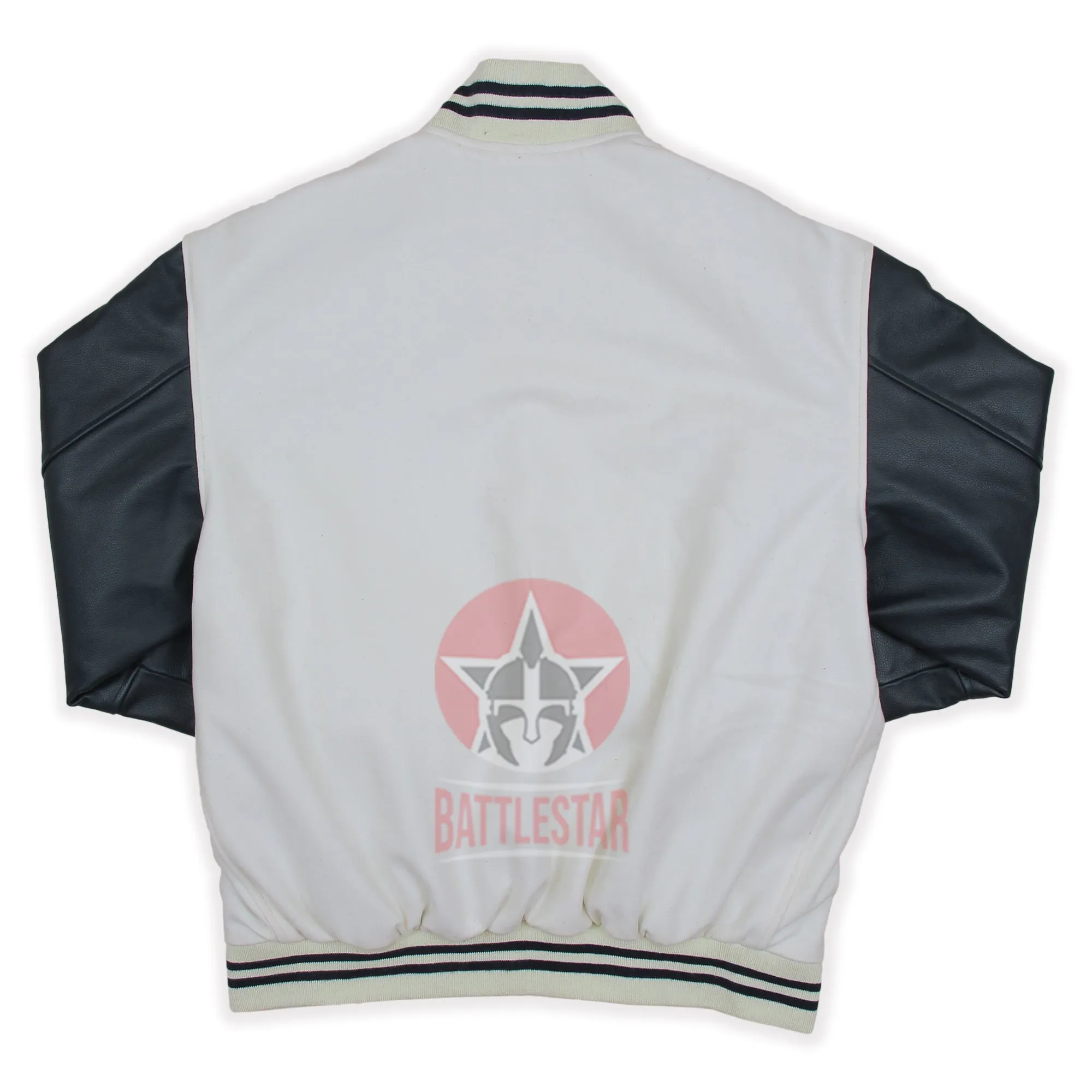 White Wool Black Leather Sleeves Varsity Jacket