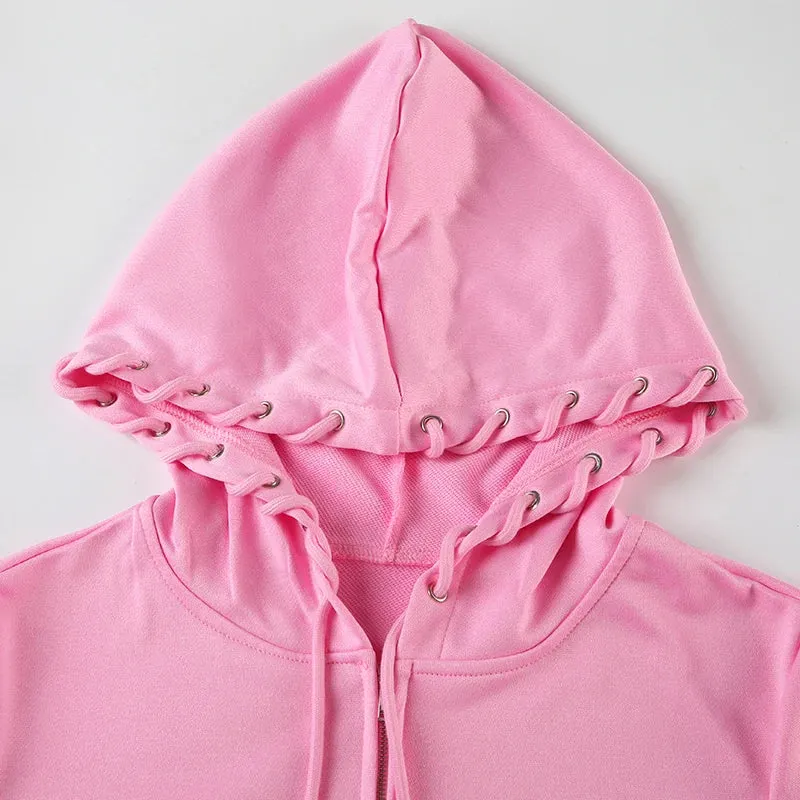 Women's Drawstring Hooded Hoodie & Pants Set - Solid Zipper Two-Piece Outfit for Autumn & Winter